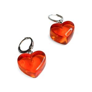 Tangerine Red Heart Earrings Silver Huggies Hoops Dangle like Gummy Drops